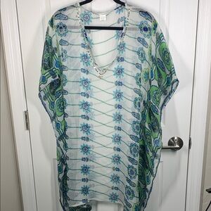 Sheer swimsuit coverup with sequins O/S blue, green, and white made in India